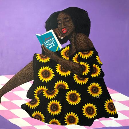 une peinture d'une femme noire qui lit un livre